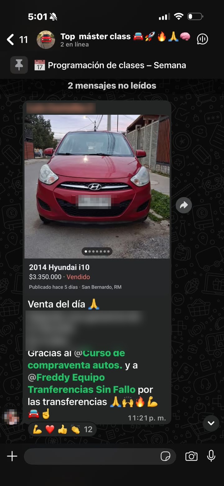 Captura de WhatsApp: alumno vendió un Hyundai i10 gracias al curso